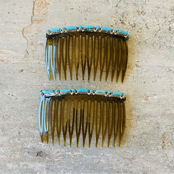 ♥️ Zuni ♥️ Jennifer Booqua Sterling Silver & Turquoise Hair Combs Set - Picture 3 of 8